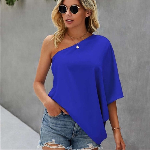 Boho one shoulder oversized solid blouse - Picture 11 of 15